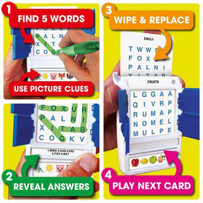 Shows a quick 4 step instructions on how to play the game. 1) Find 5 words based on picture clues 2) Revel the answers 3) Wipe and replace with a new card 4) Play next card.