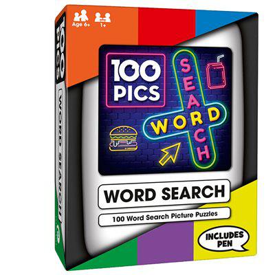 Image of the box for the 100 PICS Word Search game. On the front is a picture of neon signs of different items and the name of the game.