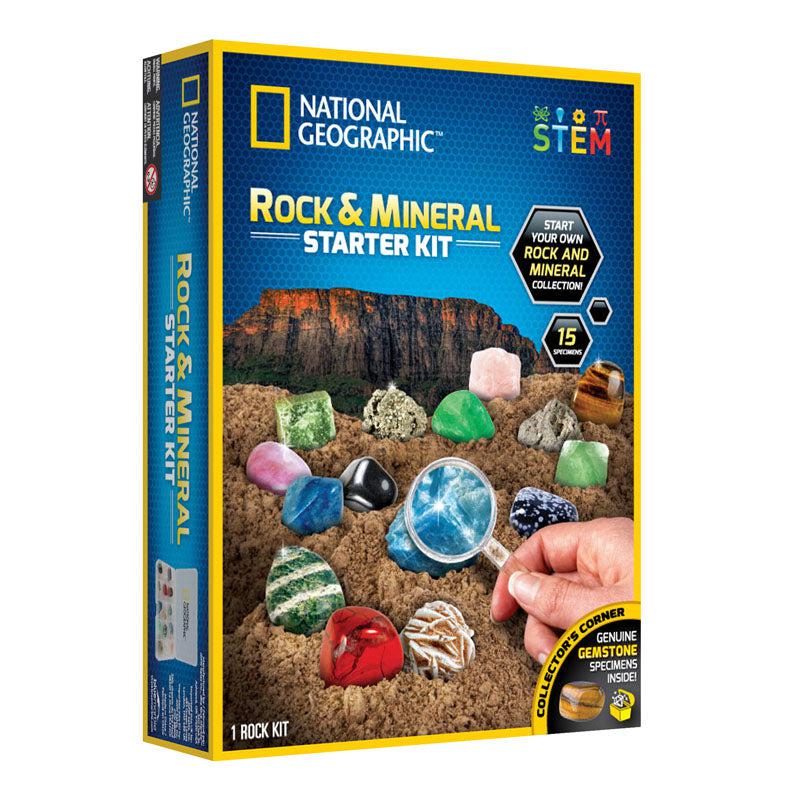 Picture shows the rock and mineral starter kit. a hand is holding up a magnifying glass to a rock, examining the curves and sediment. text says "start your own rocks an dmineral collection" and also "genuine gemstone specimens inside"
