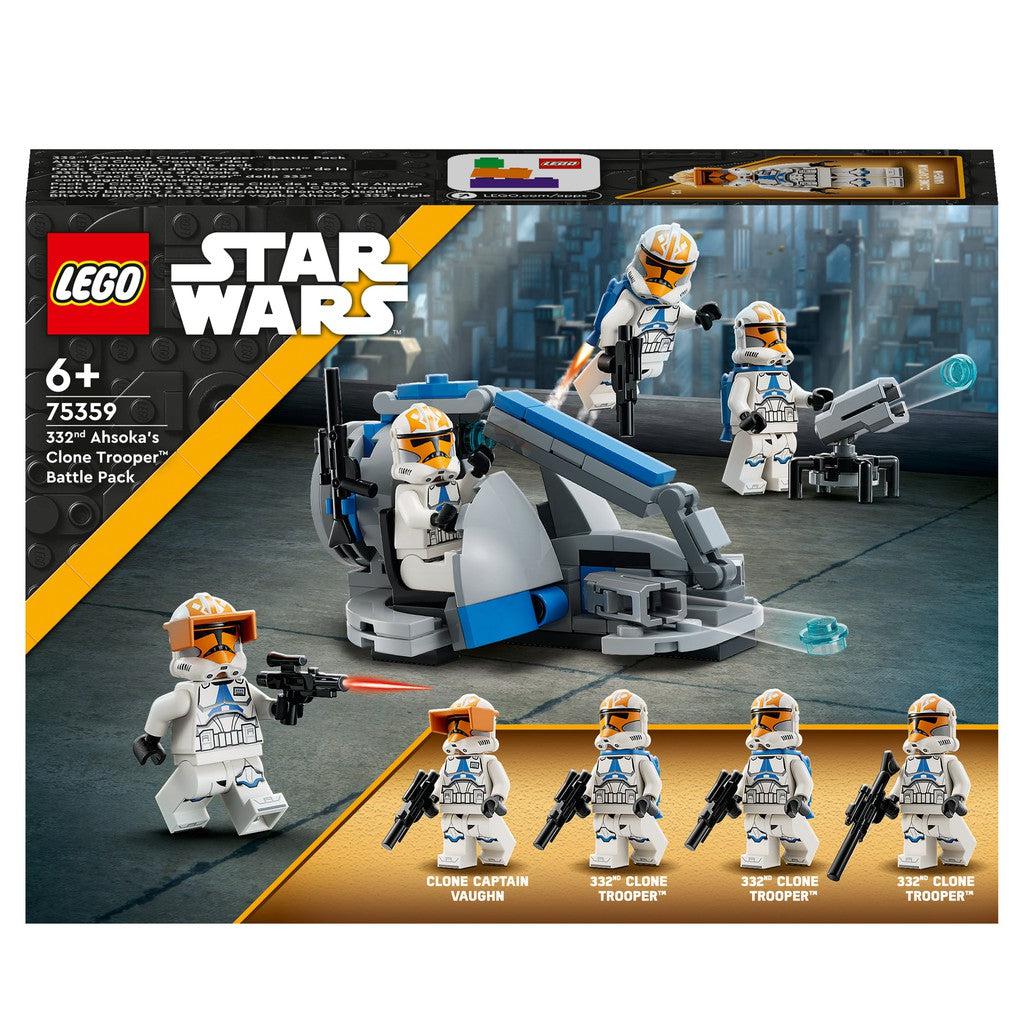 image shows the LEGO collection of Ahsoka's Clone Trooper Battle Pack! There are several clone troopers insode with blasters and tools for battle!