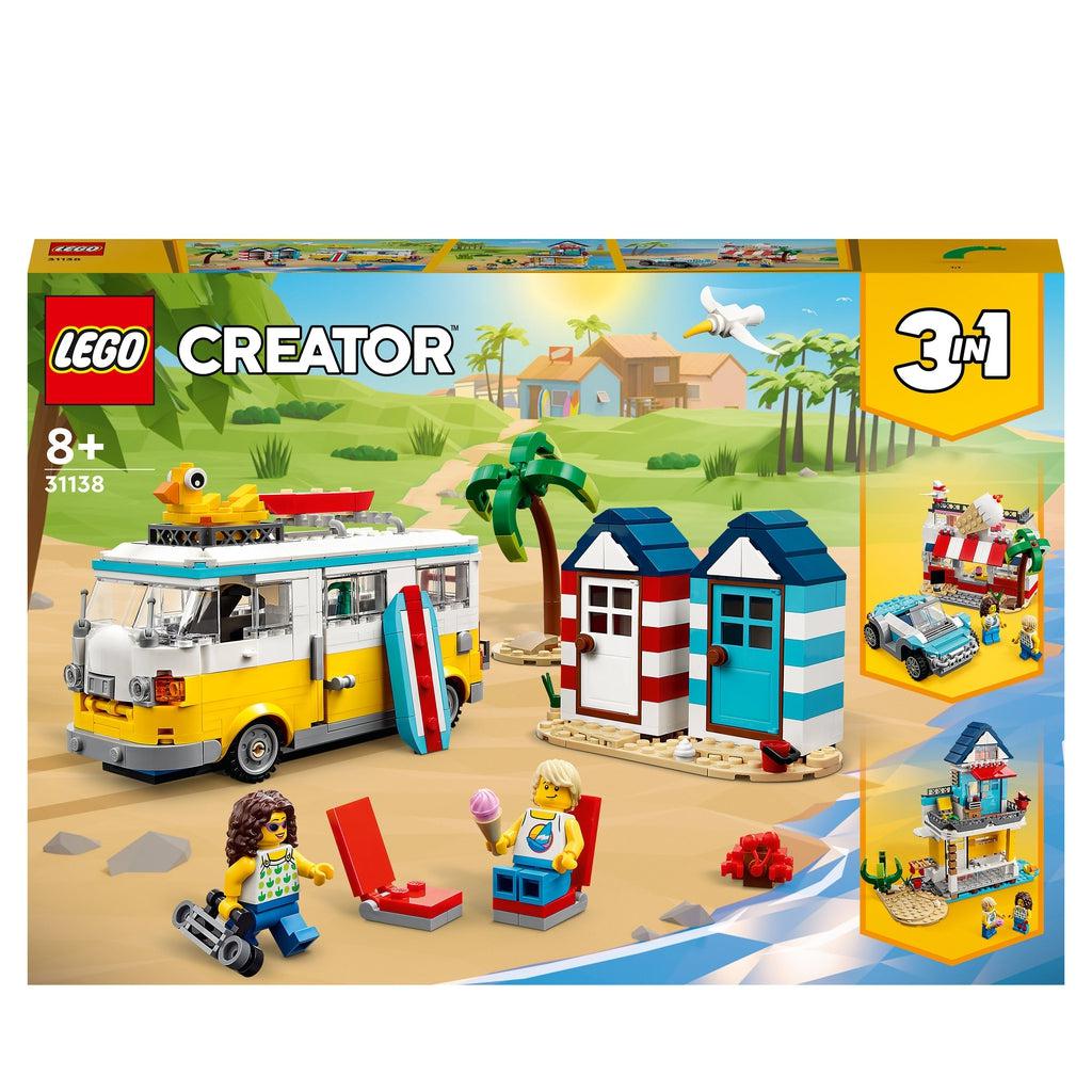 front of the box shows the camper van and beach chair build in the center with the other 2 build options to the right under the 3in1 graphic