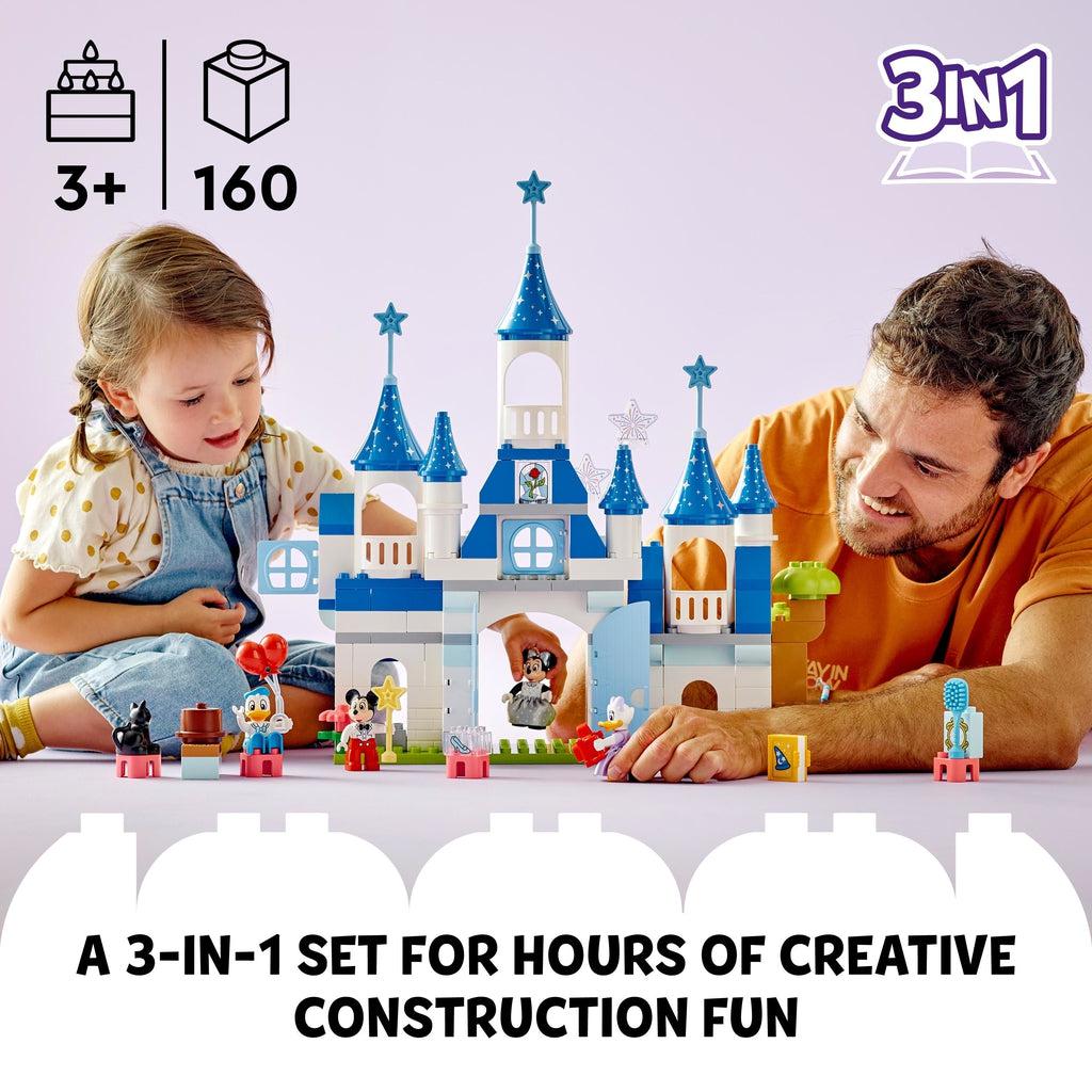 a father and daughter are playing with the finished lego set | piece count of 160 and age of 3+ in top left  | Text reads: A 3-in-1 set for hours of creative construction fun