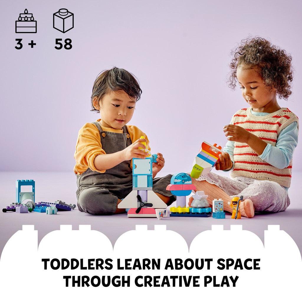 for ages 3+ with 58 LEGO pieces. Toddlers learn about space through creative play