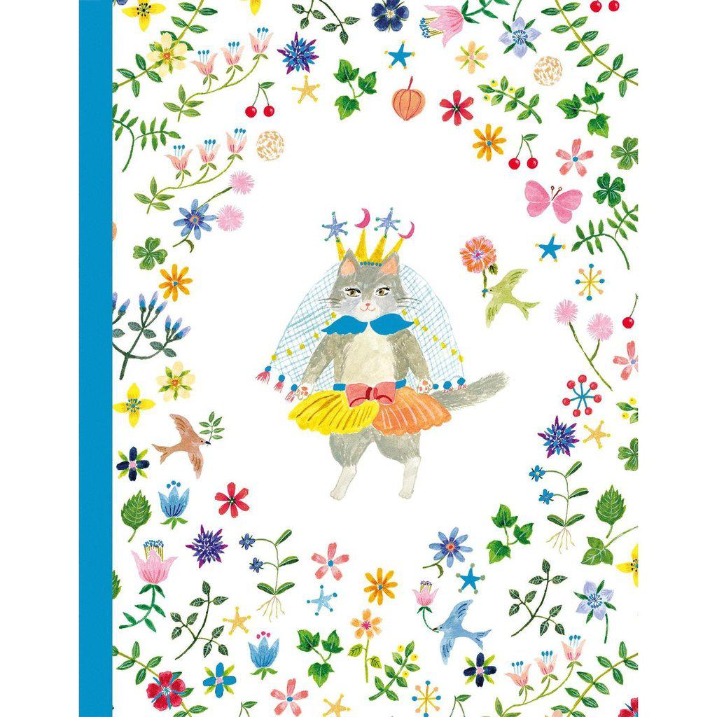 Image of the Aiko Notebook. On the front is a grey cat dressed like a princess surrounded by a circle of flowers.
