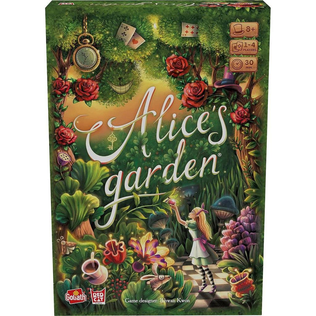 this image shows the game Alice's Garden. the game shows an alice in wonderland theme design and says the game is for ages 8+ and lasts 30 mins