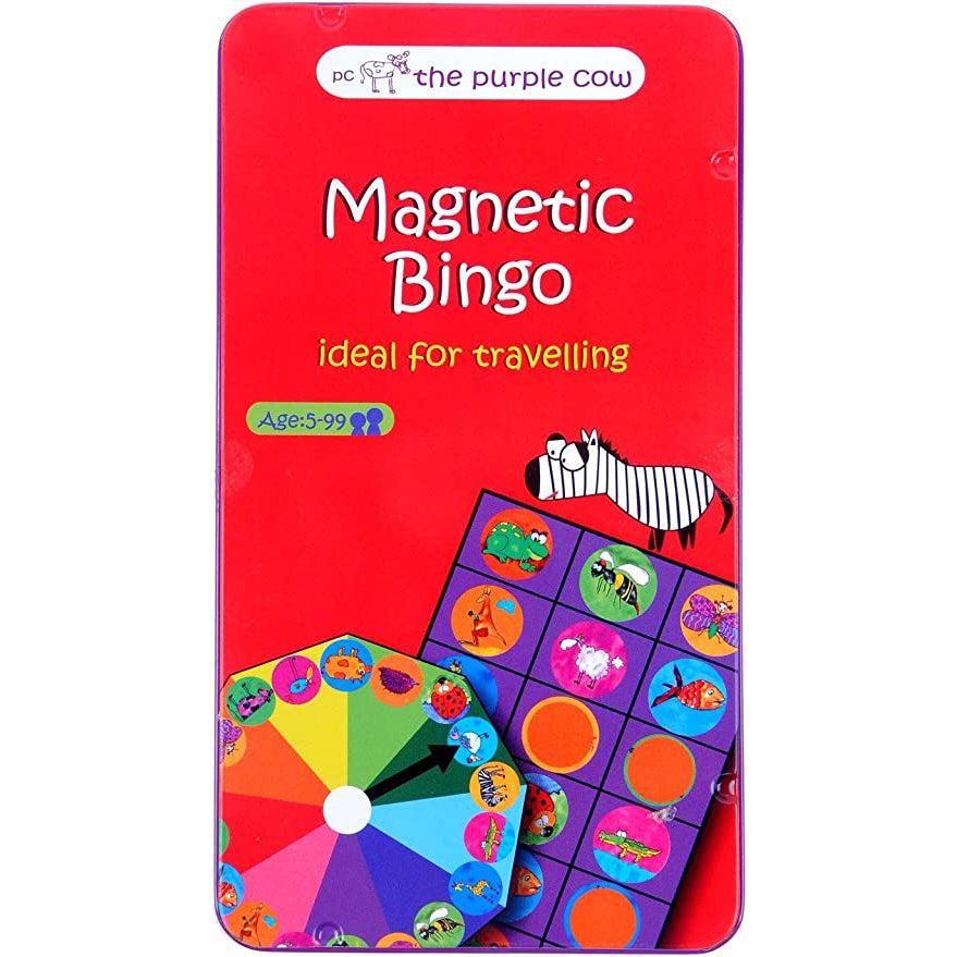 Image of the tin for the Animal Bingo TO GO game. On the front is a picture of one of the bingo boards, the spinner, and a cartoon zebra.
