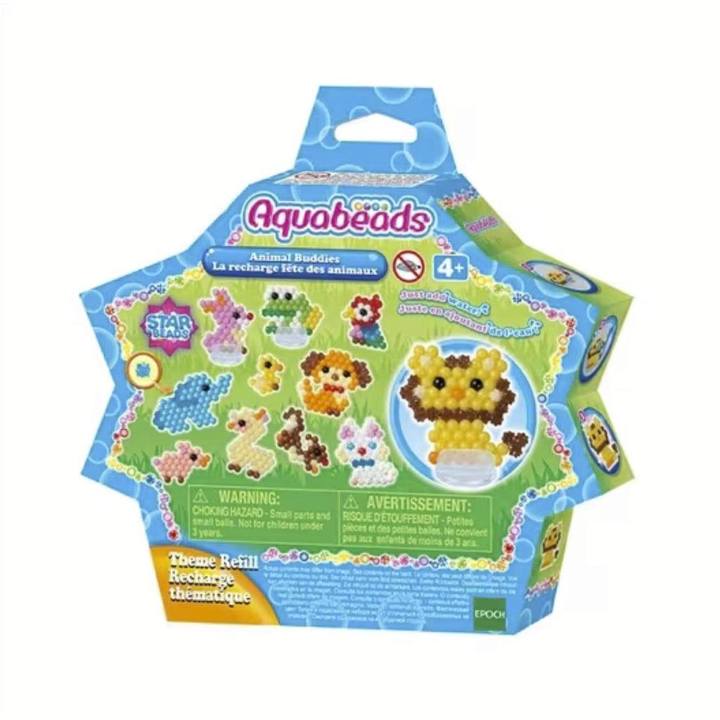 Image of the packaging for the Animal Buddies aquabeads kit. The box is shaped like a seven pointed star and it has pictures of possible animal creations on the front.