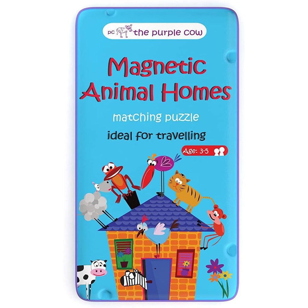 Image of the tin for the Animal Homes TO GO game. On the front is a cartoon picture of a house with lots of different animals standing on its roof.
