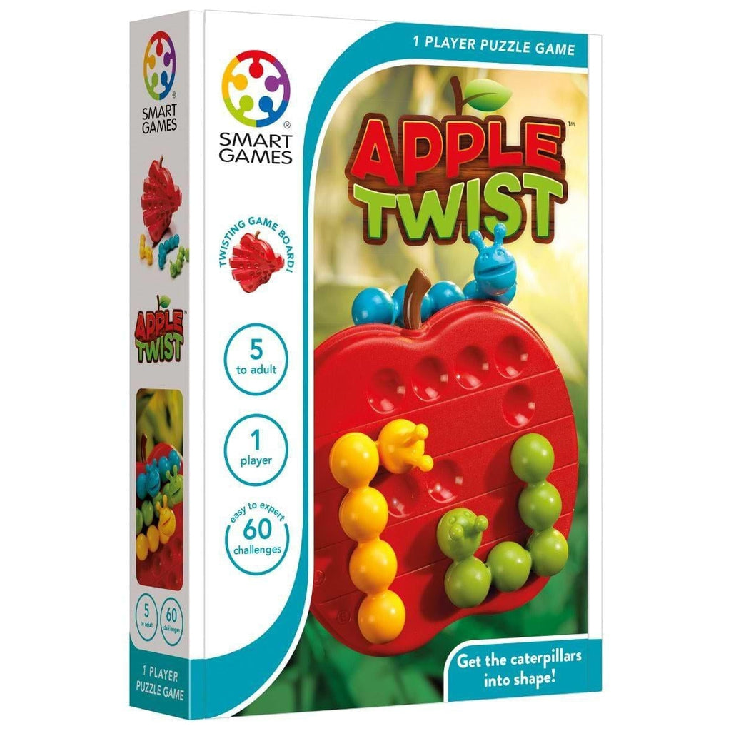 Image of the box for the game Apple Twist. On the front is a picture of the game with the caterpillars twisting around the puzzle board.