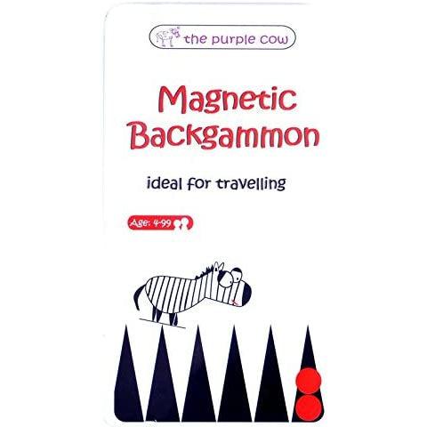 Image of the magnetic tin box for the Backgammon TO GO game. It is mainly black and white with a picture of a cartoon zebra on the front.