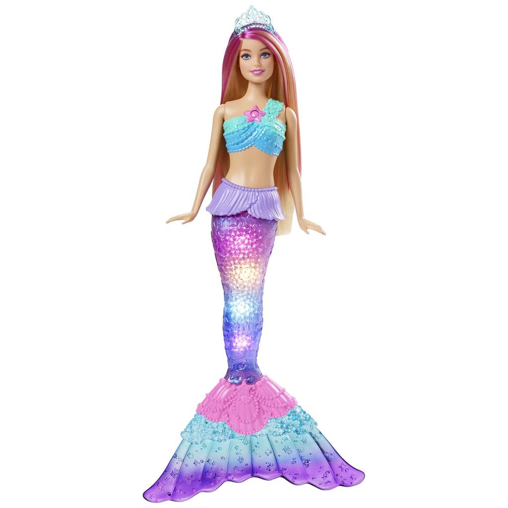 Shows Barbie outside of the packaging. She has long pink and blonde hair. Her tail is purple, pink, and blue. She comes with a clear tiara.