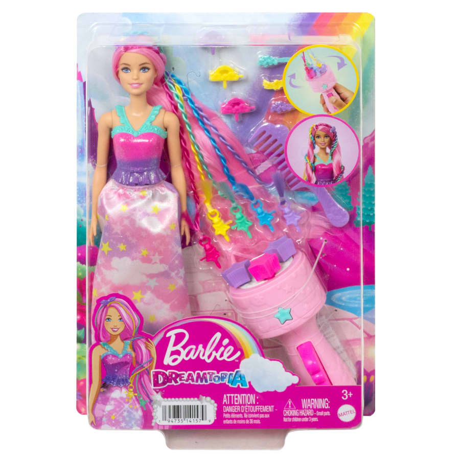 Image of the packaging for Barbie Dreamtopia Twist Hair Style. The front is made from clear plastic so you can see all the included pieces inside.