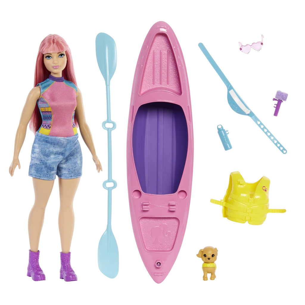 Image of all included pieces outside of the packaging. It includes a Daisy doll, a pink kayak, a blue paddle, a lifejacket, a dog, and some extra sports-like items.