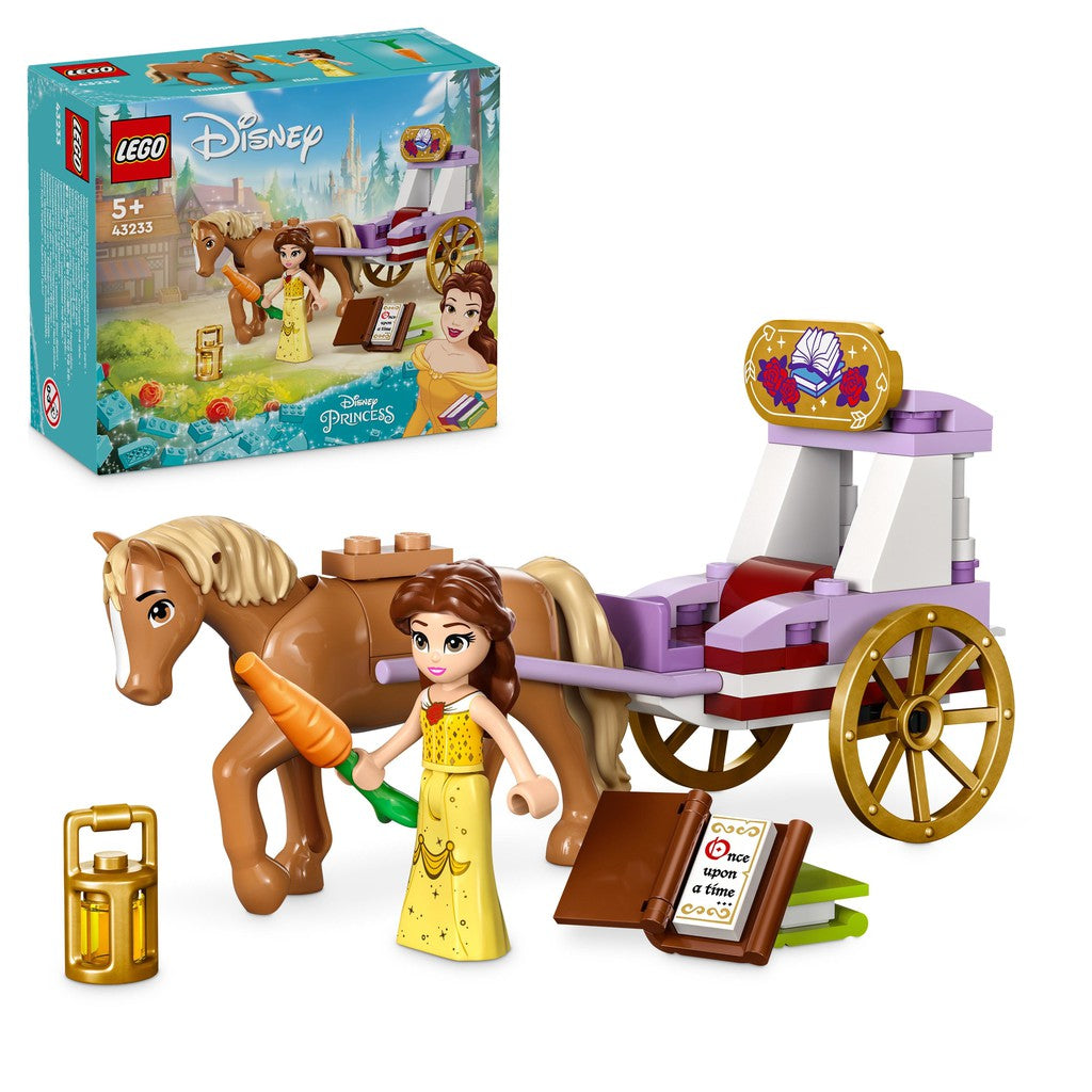 the LEGO Disney horse carriage features belle and a horse drawing a carriage