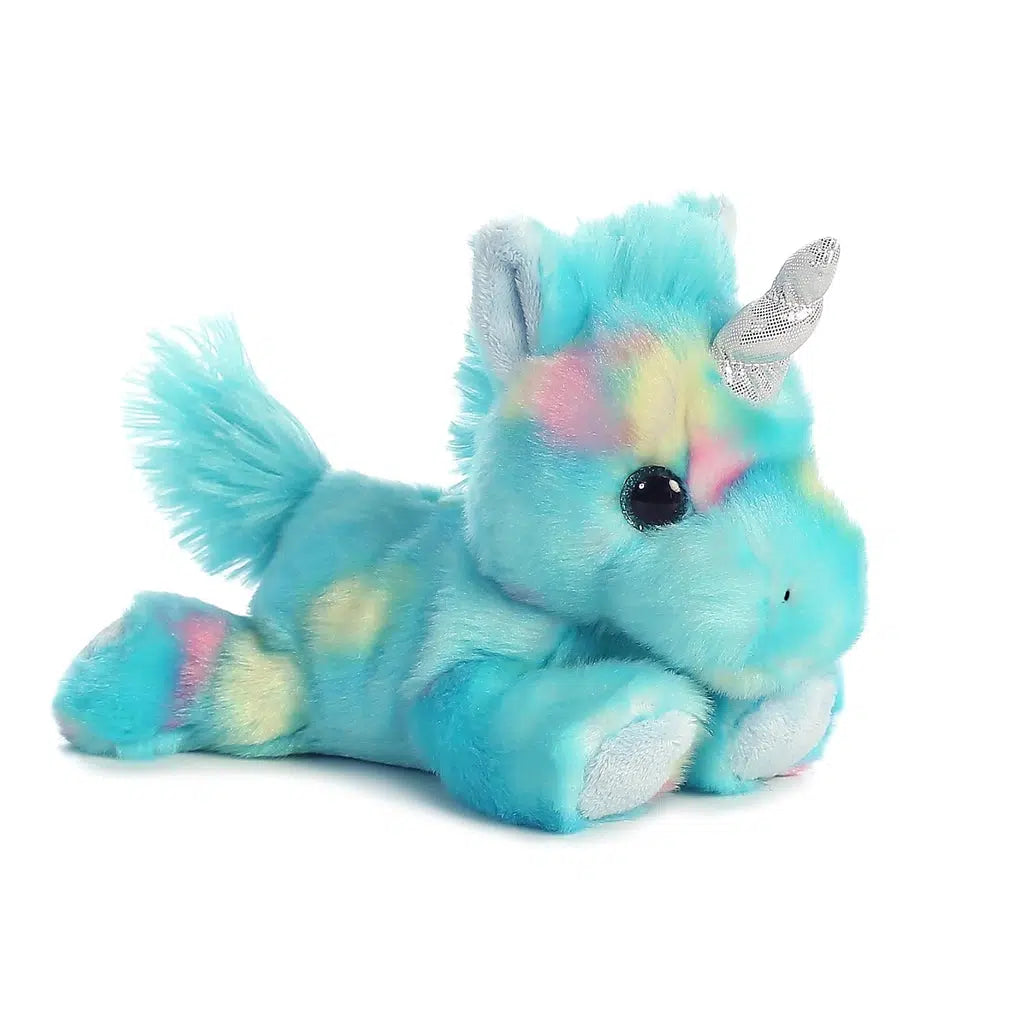 Image of the Blueberryripple Bright Unicorn plush. It is a blue unicorn with yellow and pink splotches. The mane and tail are fuzzy, and the horn is sparkly silver.