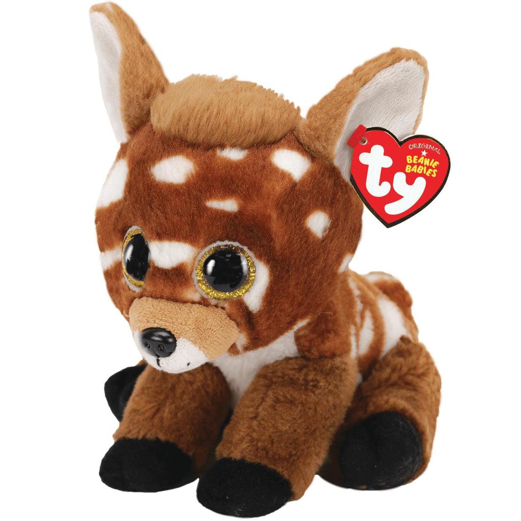 Image of the Buckley the Deer plush. It is a dark brown deer with white spots and white belly. Her hooves are black and she has golden eyes.