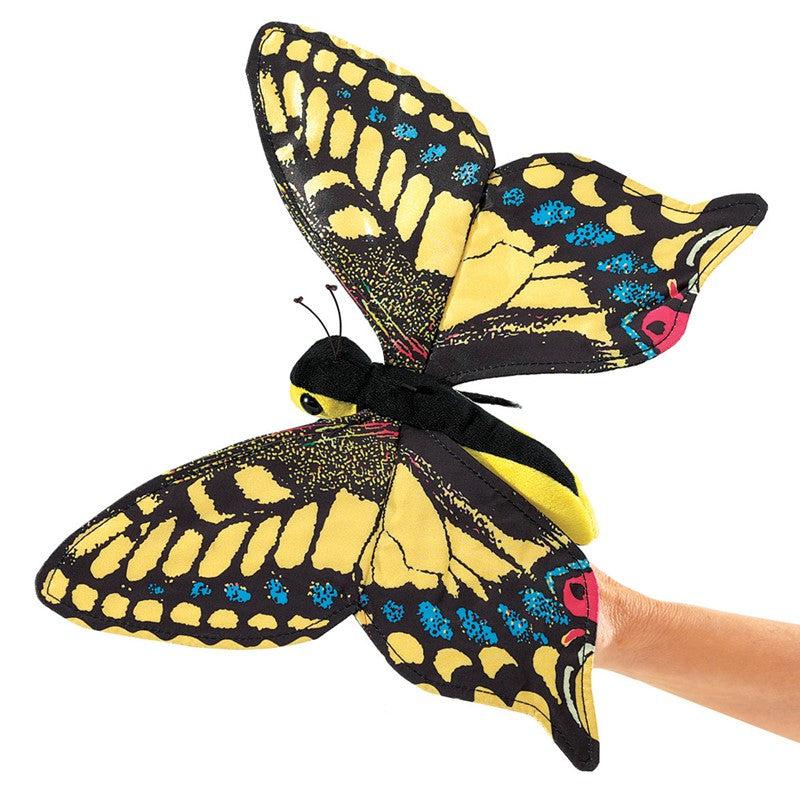 Butterfly puppet | Wings are yellow with black intricate design and small blue and red details. | Body is yellow and black with black plastic eyes and small black antennae