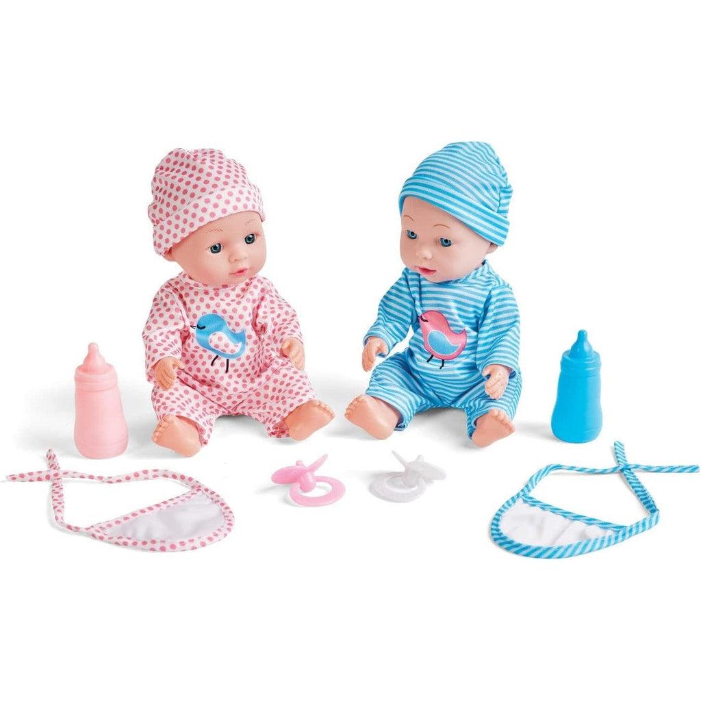 dolls are out of the box, with the bibs, pacifiers and bottles. there are a blue and pink version ov everything for the twins. 