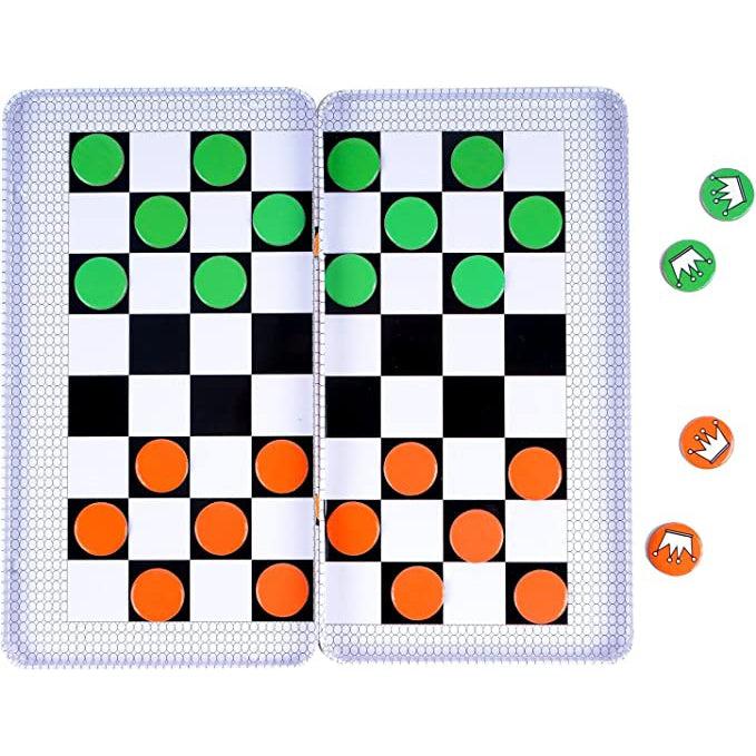 Image of the inside of the game tin. Both sides together create the checkers board. It comes with green and orange playing pieces.