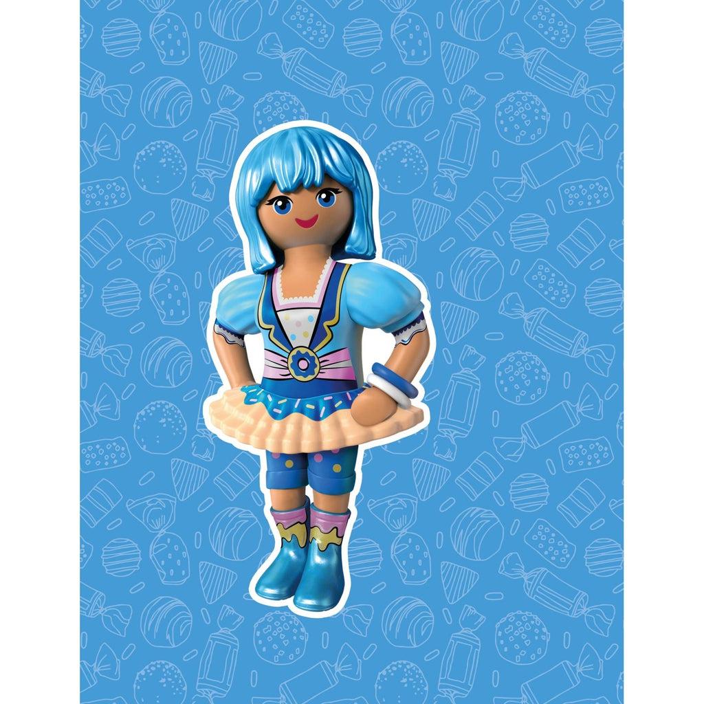 claire is the only thing in this image with a blue background. she has blue hair, and a skirt that looks like a donut. she has blie shoes and blue shorts as well 