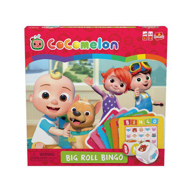 Image of the box for the Cocomelon Bingo game. On the front is a picture of three Cocomelon characters and a dog.