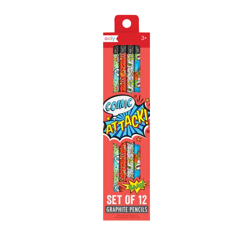 Image of the packaging for the Comic Attack pencil set. The front has parts cut away so you can see and touch the pencils.