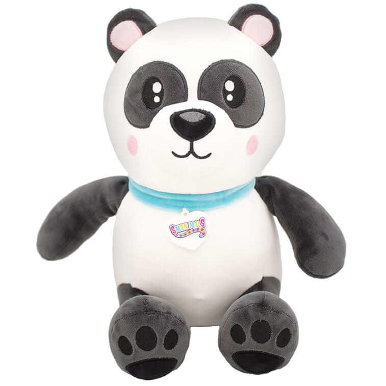 Image of the Cookies 'n Cream Smanimals Panda Bear plush. It is a mainly white bear with black arms and feet, ears, and eyes. It has a blue color and pink cheeks.