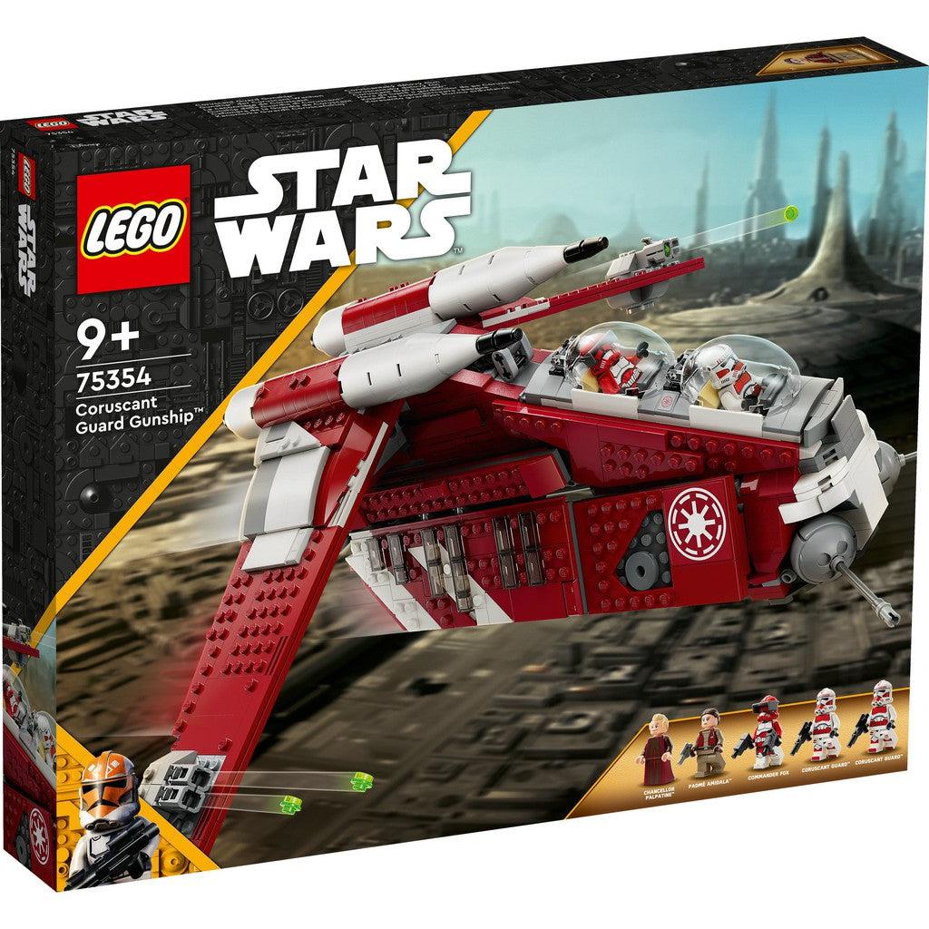 image shows the LEGO star ward Coruscant guard gunshipl its a red gunship filled with stom troopers