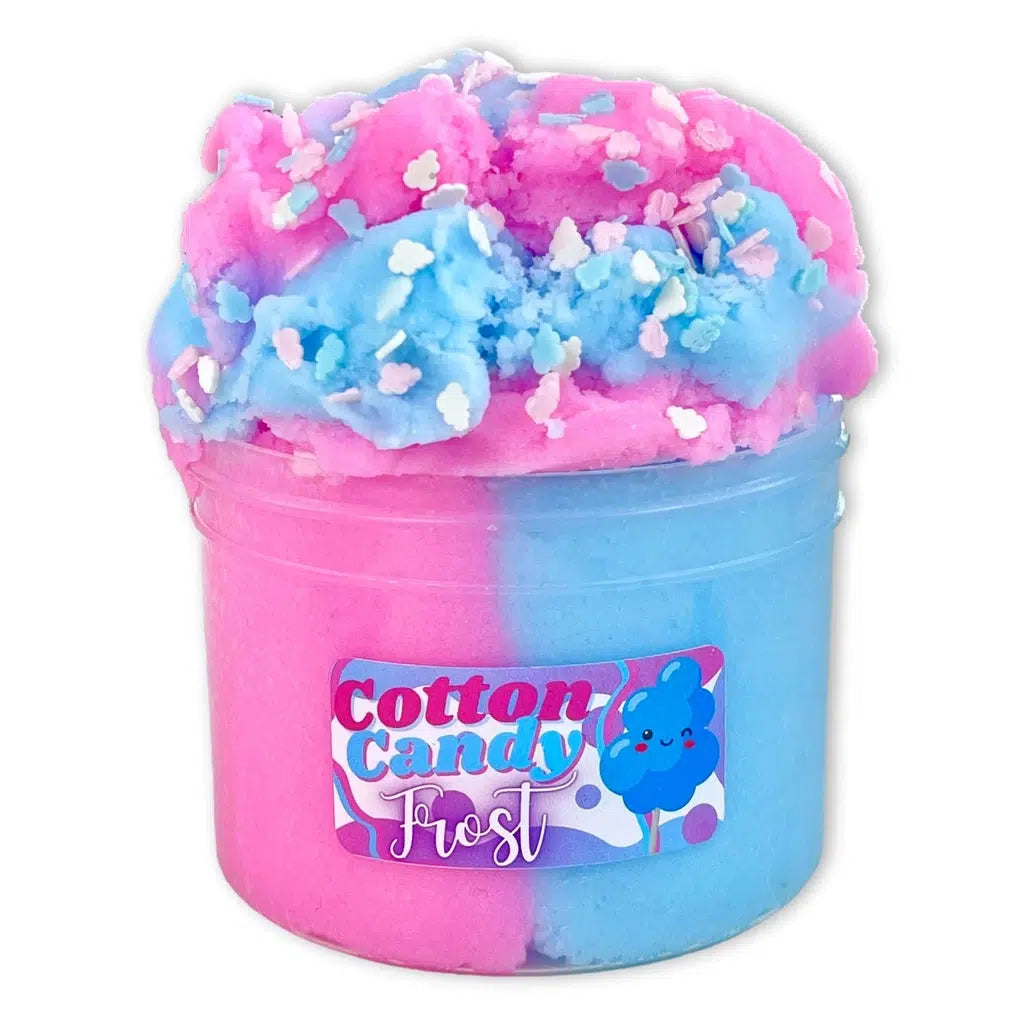 Image of the open Cotton Candy Frost slime. It is a dual color slime with one half pink and the other hal blue. It comes with tiny cotton candy shaped sprinkles.
