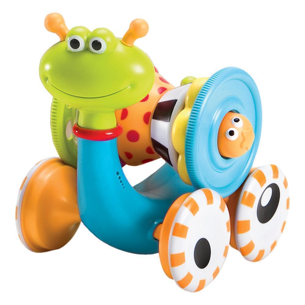Image of the snail toy outside of the packaging. The toy is a green and blue plastic cartoon snail with orange wheels. The "shell" is detachable from the snail body. It is a sensory toy that has different textures, colors, and sounds.