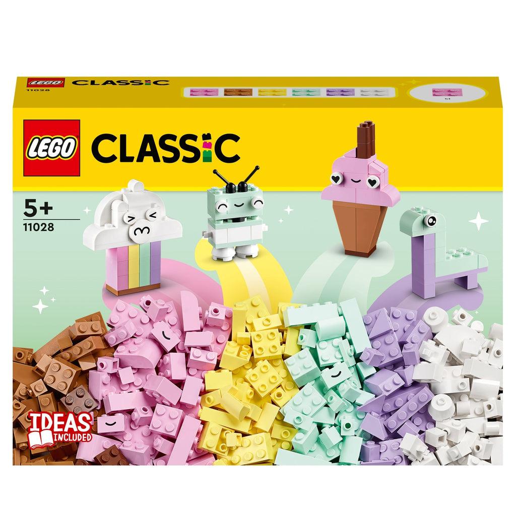 Image of the front of the box. It has a picture of a pile of sorted pastel rainbow LEGO bricks with creations and creatures coming out of each color.