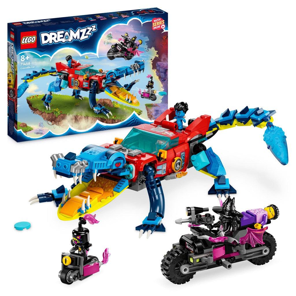 image shows the LEGO dreamzzz crocodile car, with a motorcycle and scooter as well to move around it!