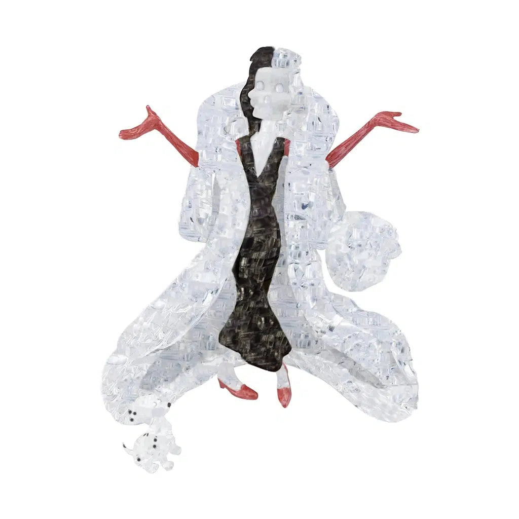 Image of the 3D Cruella de Vil puzzle. It is made from mainly white crystal, but also black crystal puzzle pieces with some red accents.