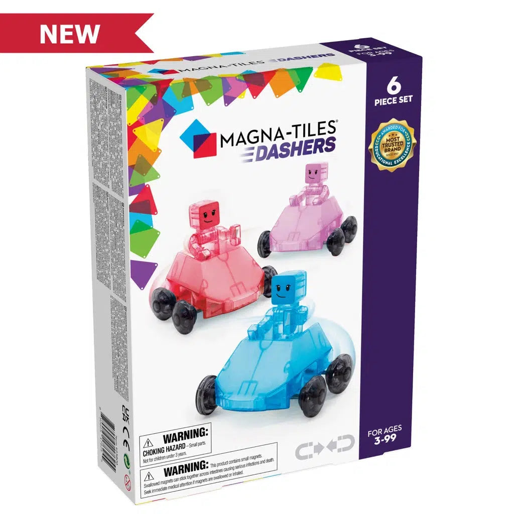 this image shows the dashers for magna tiles. there are three cars and people can can zip around the magna tiles traack. 