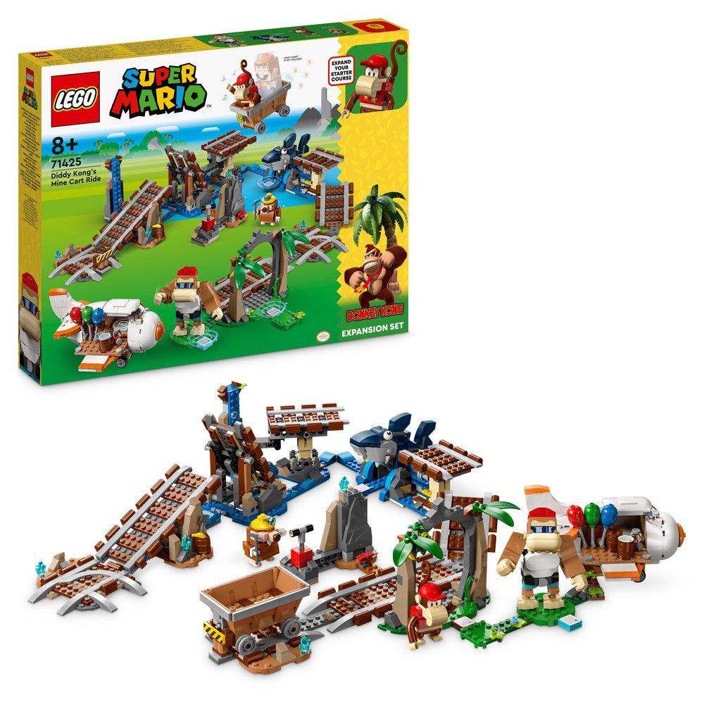 image shows the LEGO Super Mario Diddy Kong's Mine Cart ride. There is a LEGO mine cart with Diddy kong and funky kong. 