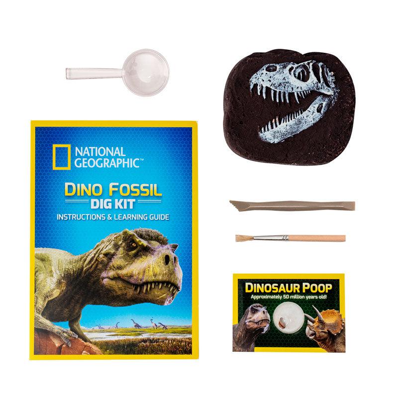 this image shows the national geographic dino fossil dig kit learning guide, the fossil to dig with the tool and brush, as well as the poop specimen.