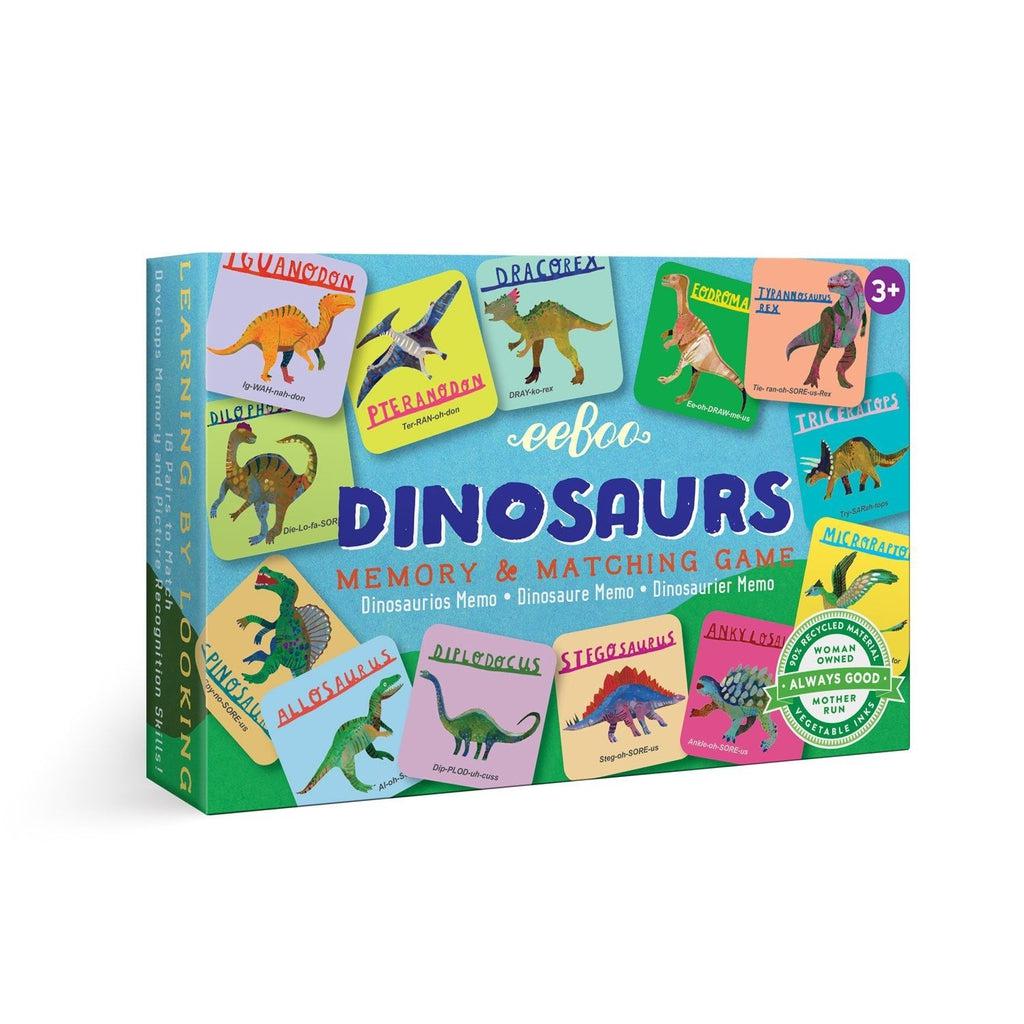 this image shows a dinosaurs memory and matching game. colorful dinosaurs are drawn for a matching game with the names of each dino on the card.