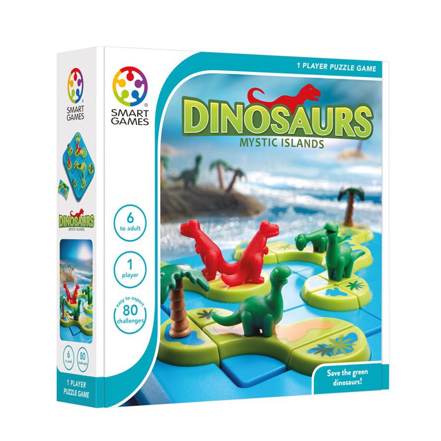 this image shows the box for the dinosaurs mystic islands. its a 1 player puzzle game that features a puzzle brain teaser with 80 challenges. 