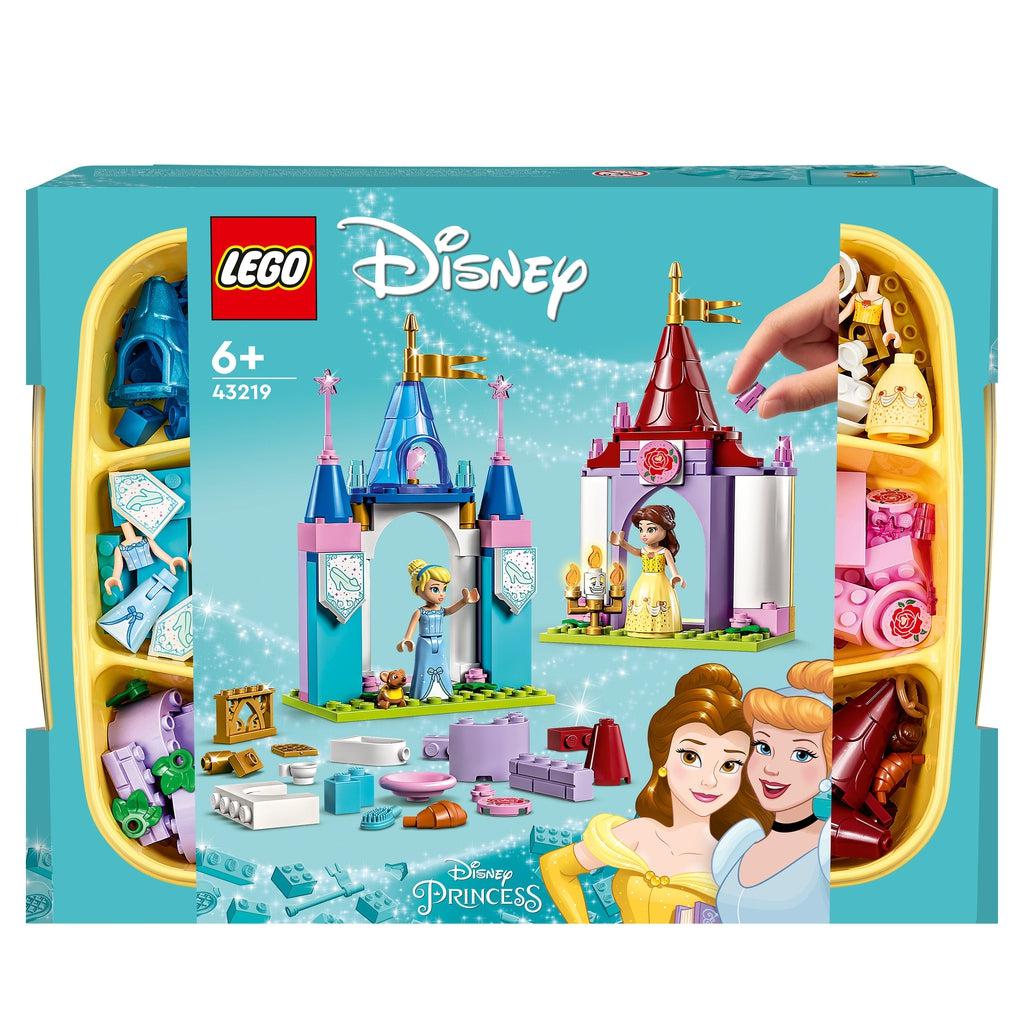 Image of the front of the box. It has pictures of possible Disney Princess castles you could create with the pieces in this LEGO creative kit.