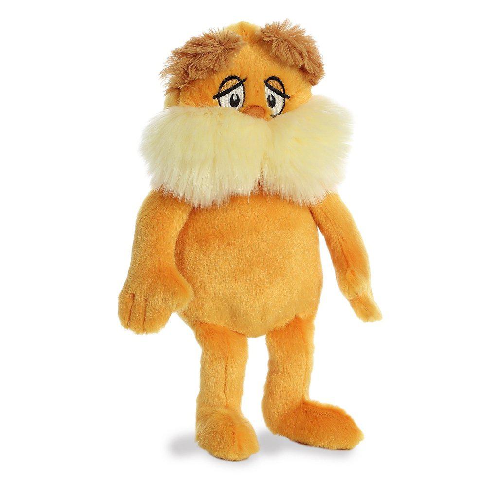 Image of the Dr. Seuss Lorax plush. He is orange with a large fluffy cream mustache. He has embroidered sad looking eyes and bushy eyebrows.