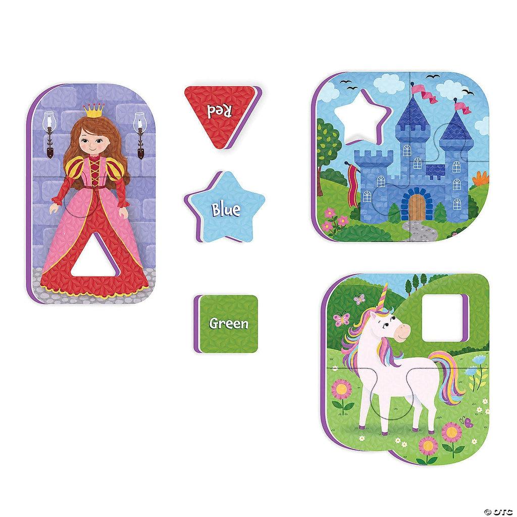 Image of some of the puzzle pieces. Each piece has a picture of a fairytale element like a unicorn, a princess, or a castle, and each puzzle has a cut out shape with the name of a color on it that you can slide into matching shaped holes.