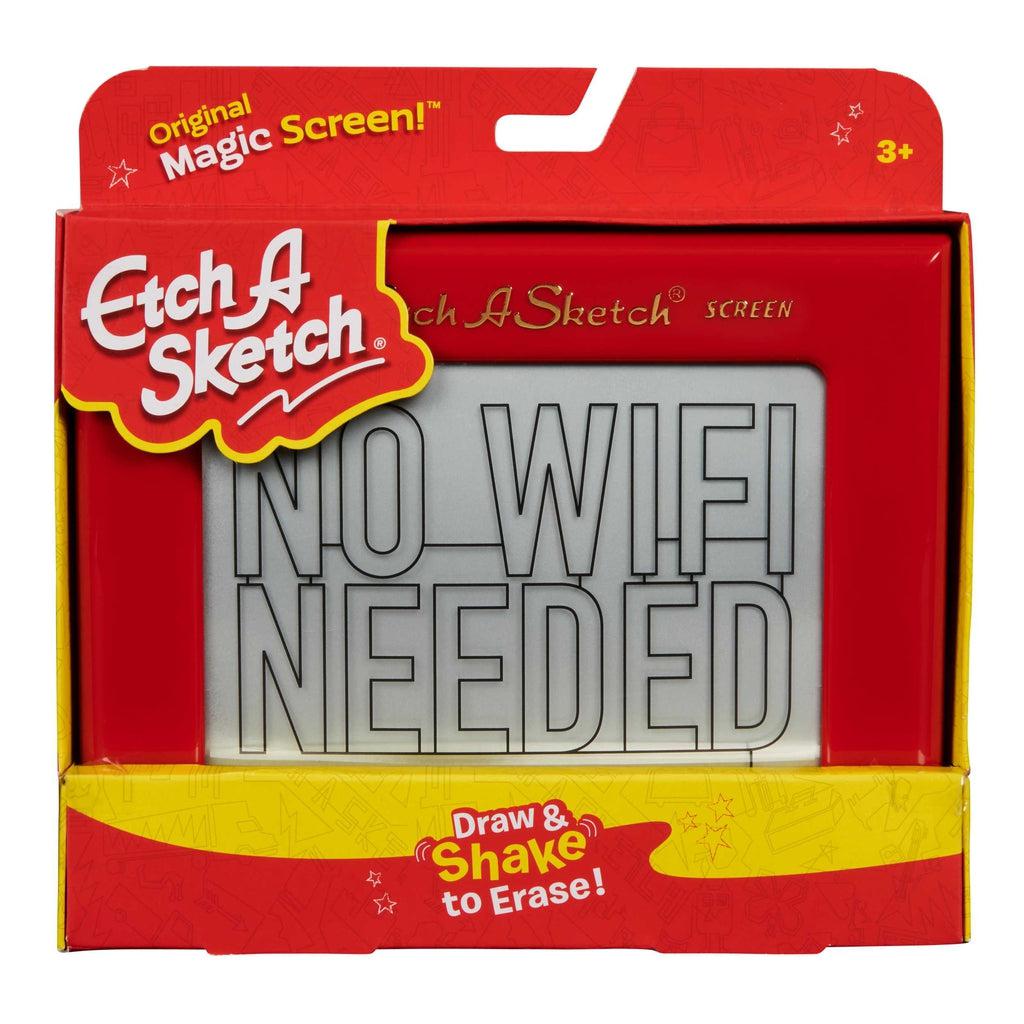Image of the packaging for the Etch A Sketch Classic. The front is cut away so you can see and touch the product inside. On the screen of the etch a sketch, there is a picture of the words "No Wifi Needed".