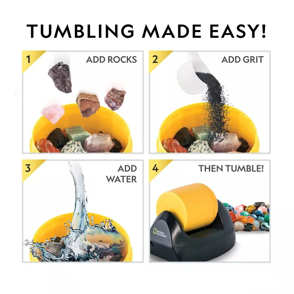 this picture shows the instructions on tumbling. 1) add rocks, 2) add grit 3) add water) and then 4) Tumble!!