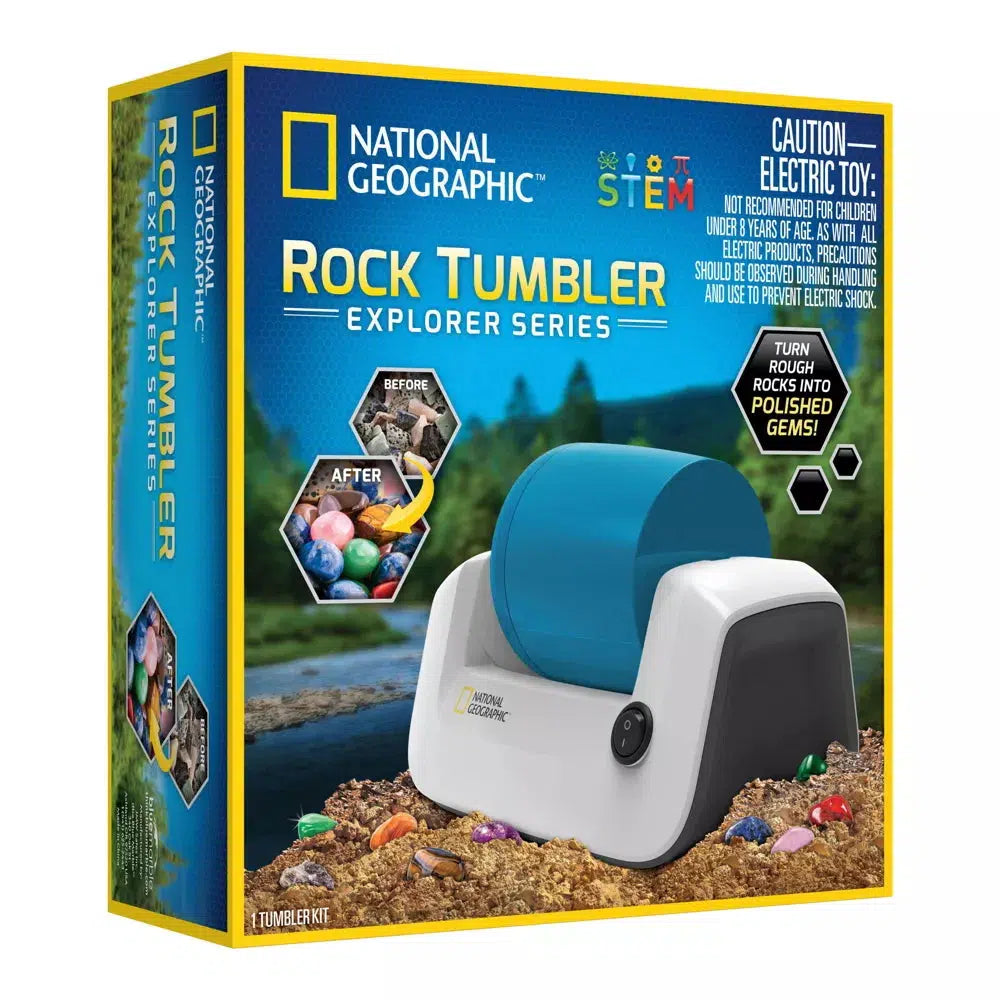 Image shows the box of the national geographic rock tumbler explorer seriers, a sign says turn rough rocks into polished gems with a before and after of rocks that are brown and rough turning into smooth polished, and colorful gems!
