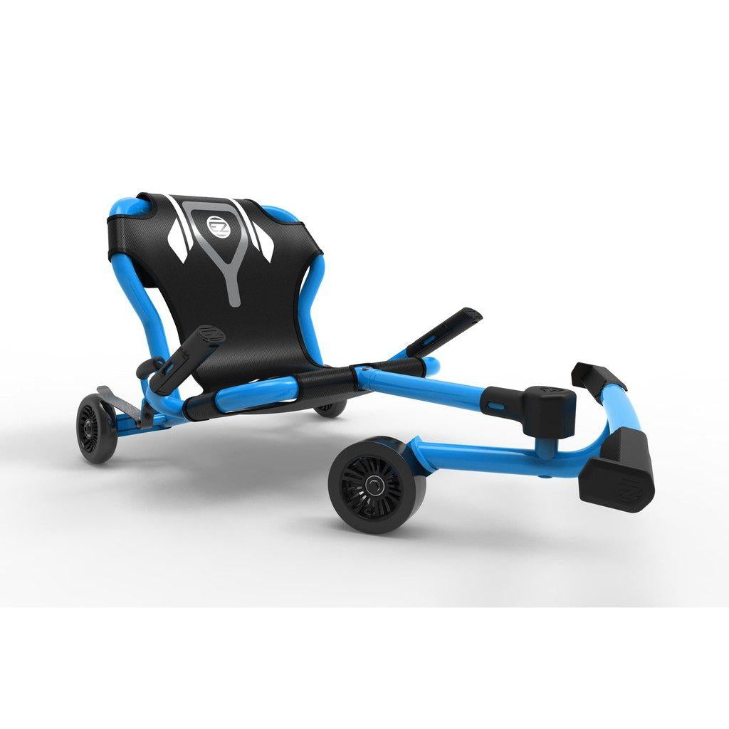 image shows a front angle view of the blue classsic ezyroller. there are bars for the hands to grip by the seat, with brakes for the back two wheels. thr front wheels in on a swivel to a large bar controlled by the legs to gain momentum