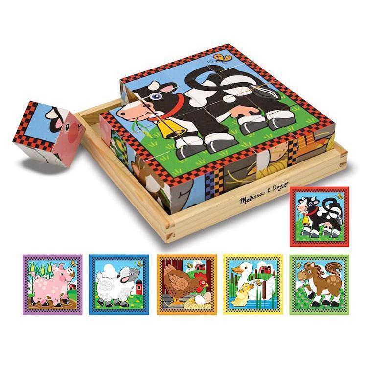 Image of all 6 different farm animal puzzles. The six animals include a cow, a pig, a sheep, a chicken, a duck, and a horse.