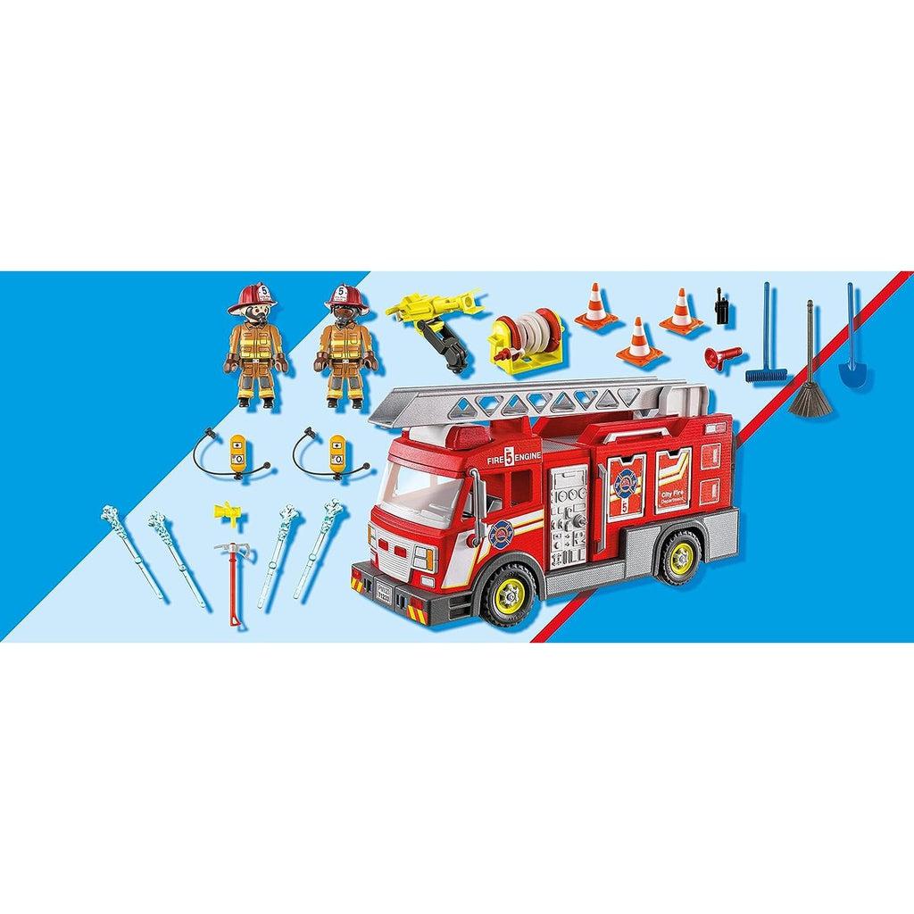 Picture shows the firetruck and all the accessories in the box, plastic water that can spray out, safety cones, two workers, a hose, oxygen tanks, a broom, rake and shovel to clear debris as well. 
