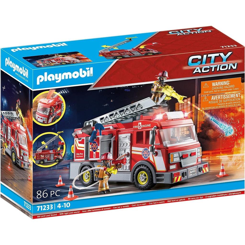 Picture shows the box of the fire truck, with two people standing near the truck, working together to put out the fire in PLAYMO city.