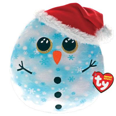 Image of the Fleck Squishy Snowman plush. It is a blue and white snowman with a snow pattern to it. On its head is a santa hat.