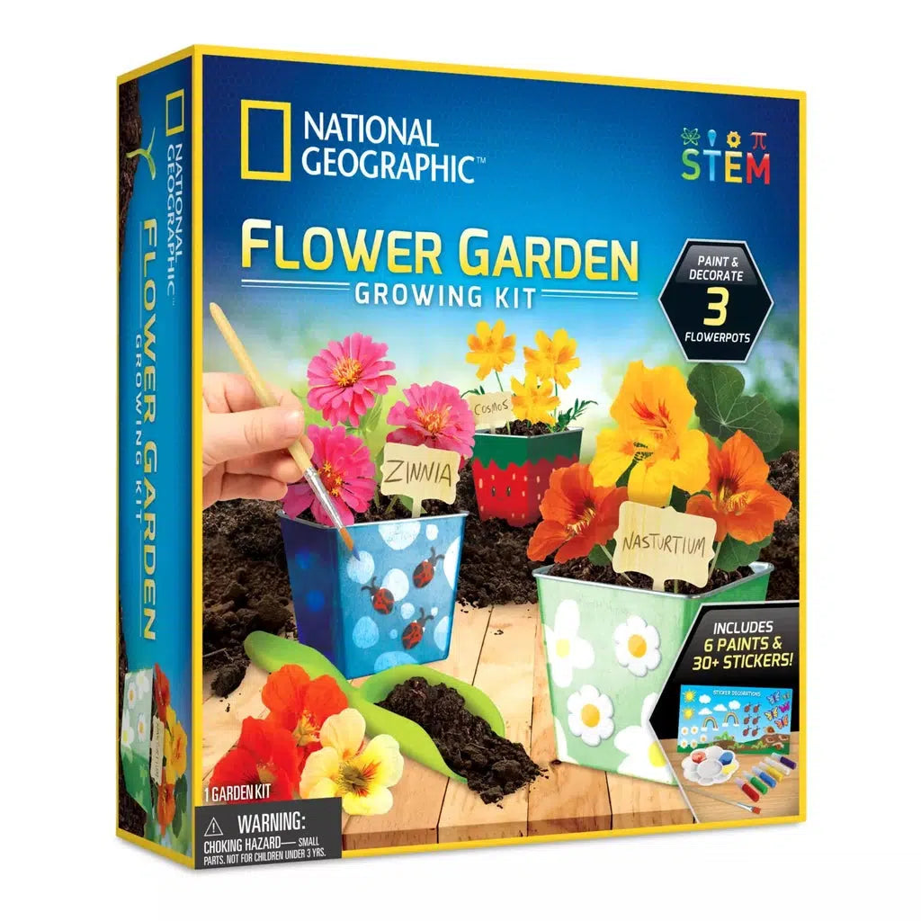 Box image of the national geographic flower garden growing kit. a saign says paint and decorate 3 flower pots. includes 6 paints and 30+ stickers! beautifuly painted slower pots are shown in the box, one pot is painted like a strawberry. 
